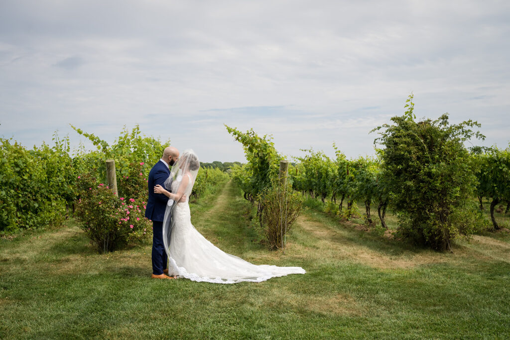 A serene moment captured as a bride and groom embrace amidst the lush rows of a vineyard at Saltwater Farm, symbolizing the growth and beauty of their relationship