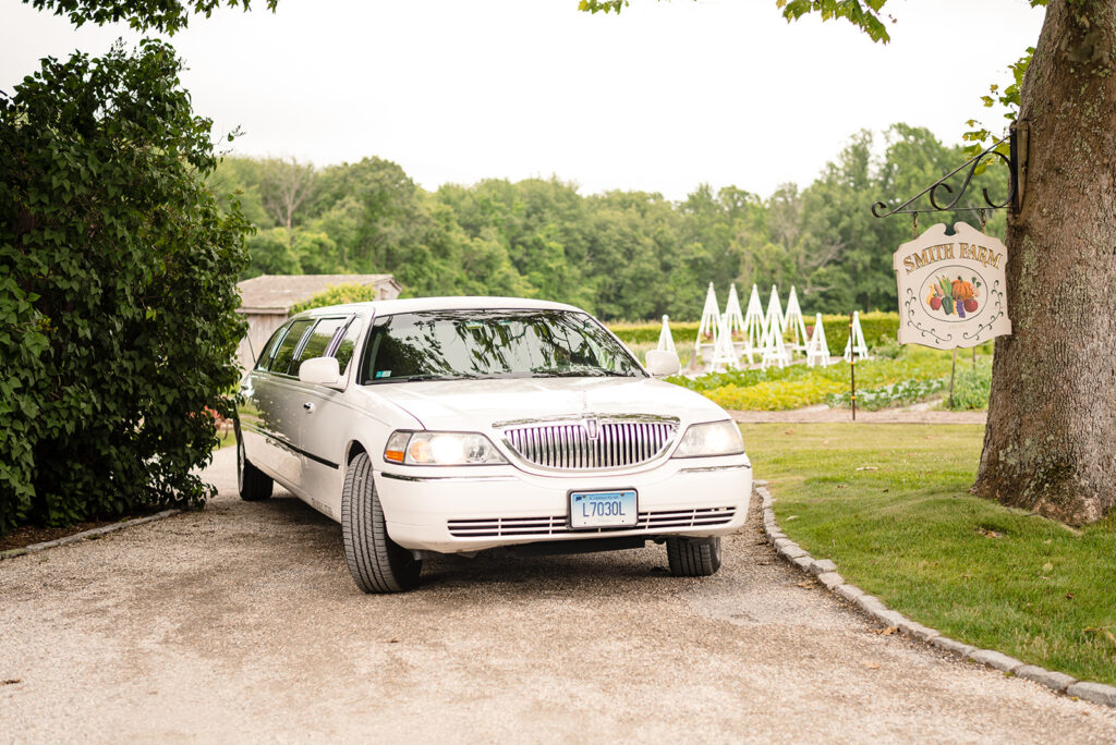 A white limousine parked under a tree with a "Smith Farm" sign hanging from the tree, overlooking a garden.